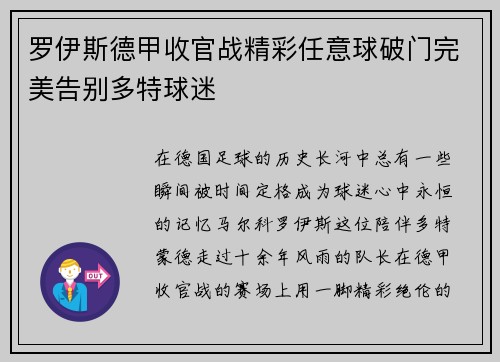 罗伊斯德甲收官战精彩任意球破门完美告别多特球迷 罗伊斯德甲收官战精彩任意球破门完美告别多特球迷