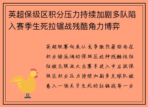 英超保级区积分压力持续加剧多队陷入赛季生死拉锯战残酷角力博弈 英超保级区积分压力持续加剧多队陷入赛季生死拉锯战残酷角力博弈